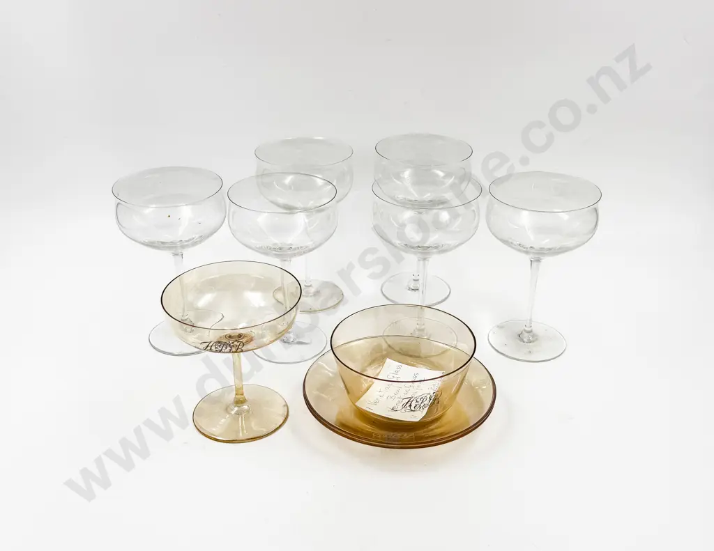 Fine Champagne Goblets with Tinted Amber Goblet Bowl & Two Saucers Image 1++