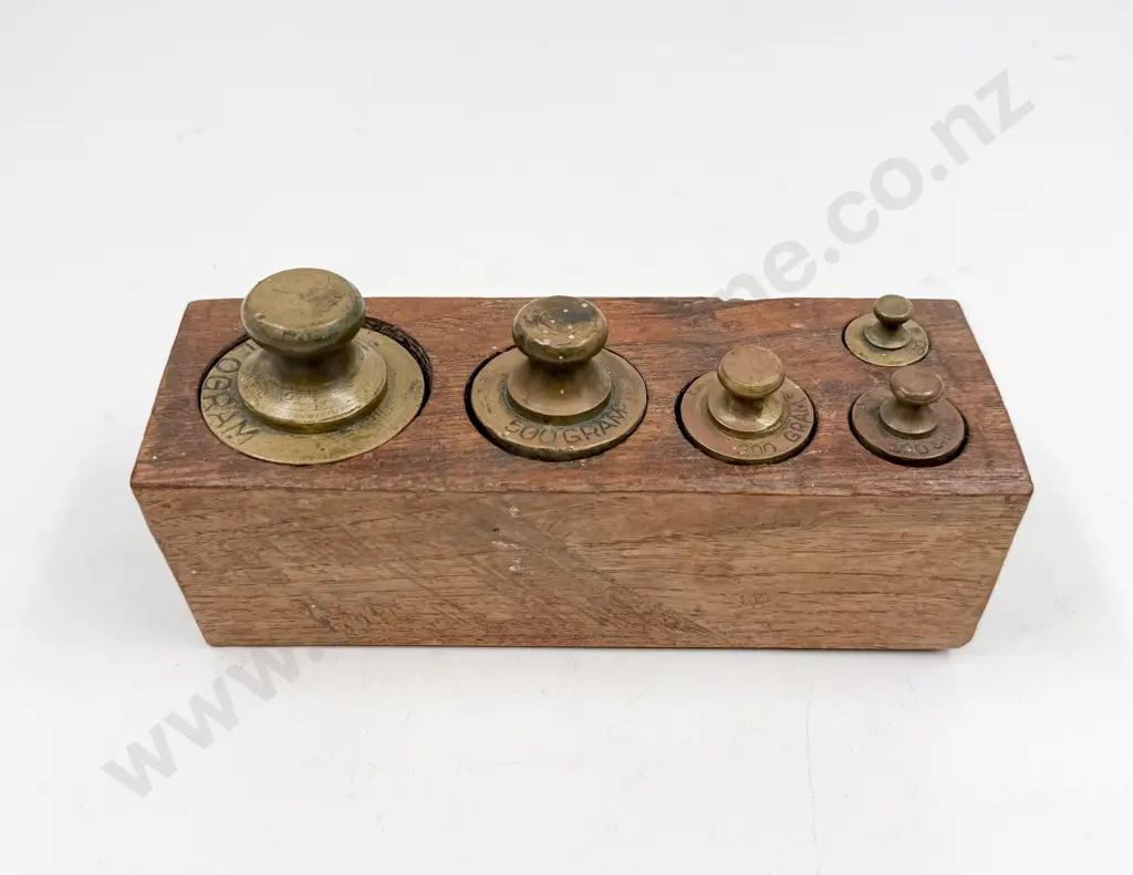 Five Cast Brass Weights in Oak Stand Image 1++