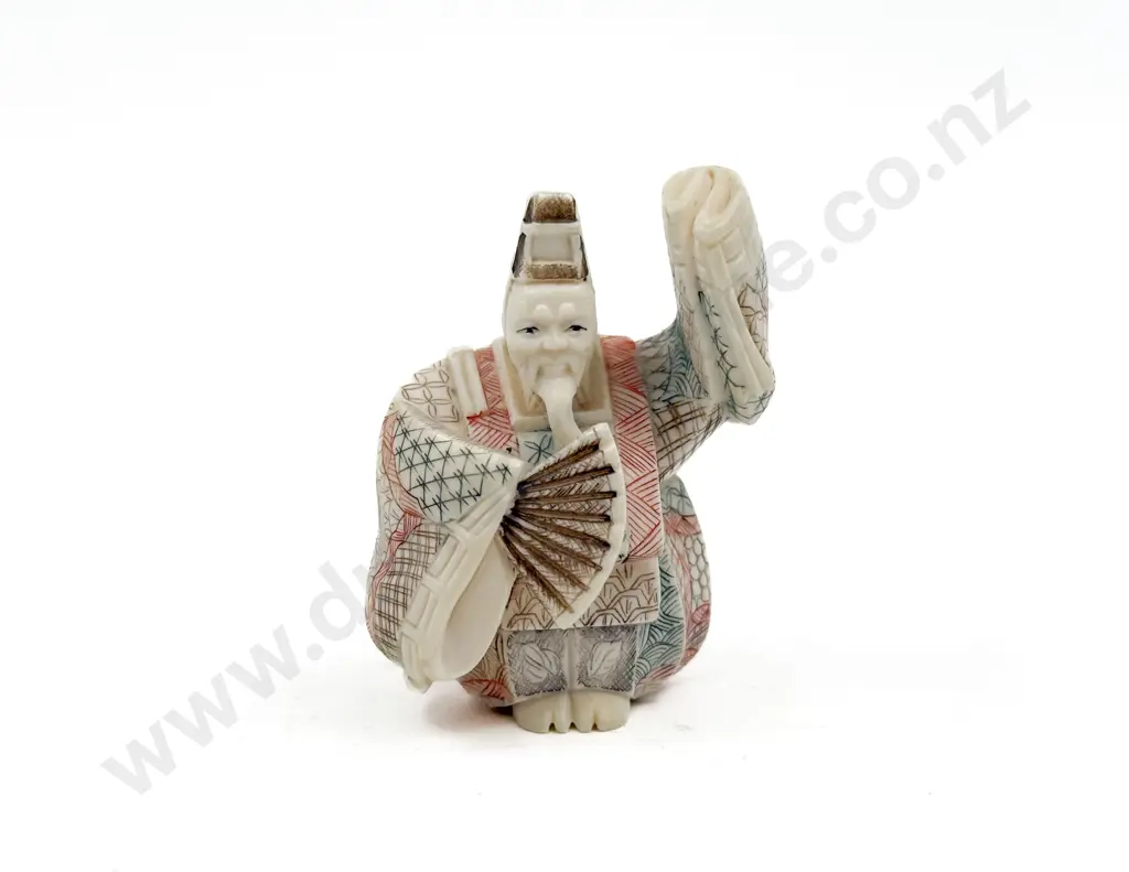 Signed Coloured Ivory Netsuke of a Scholar Image 1++