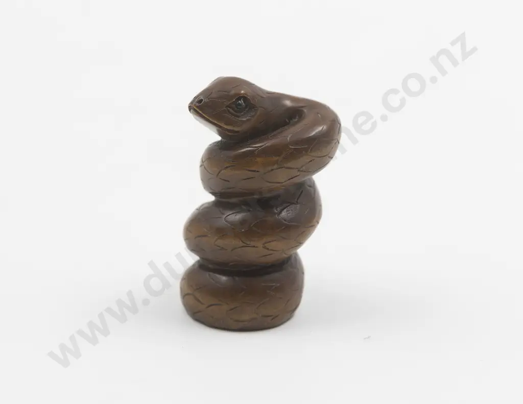 Carved Wood Netsuke Of A Coiled Snake with cased s/plate coffee spoons Image 1++