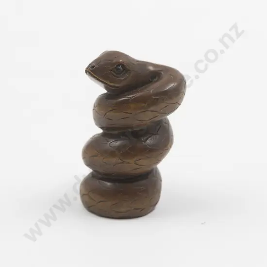 Carved Wood Netsuke Of A Coiled Snake with cased s/plate coffee spoons