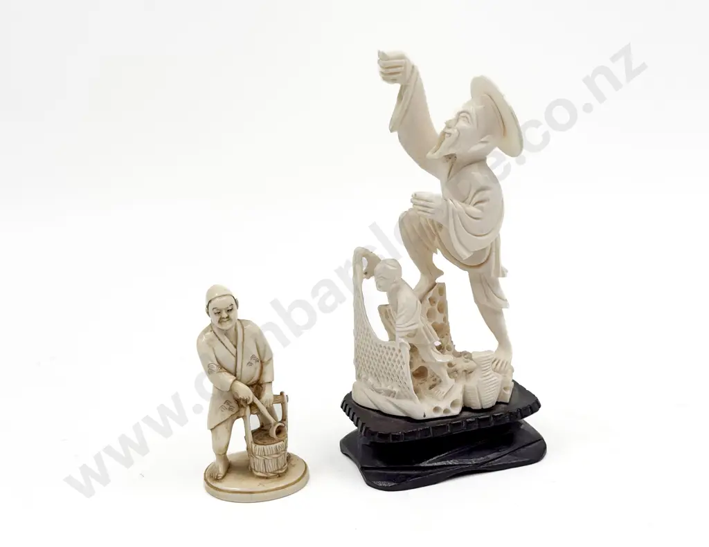 Carved Ivory Figure Group of Fishermen missing fishing rod 13cmH and other figure of man with bucket of water Image 1++
