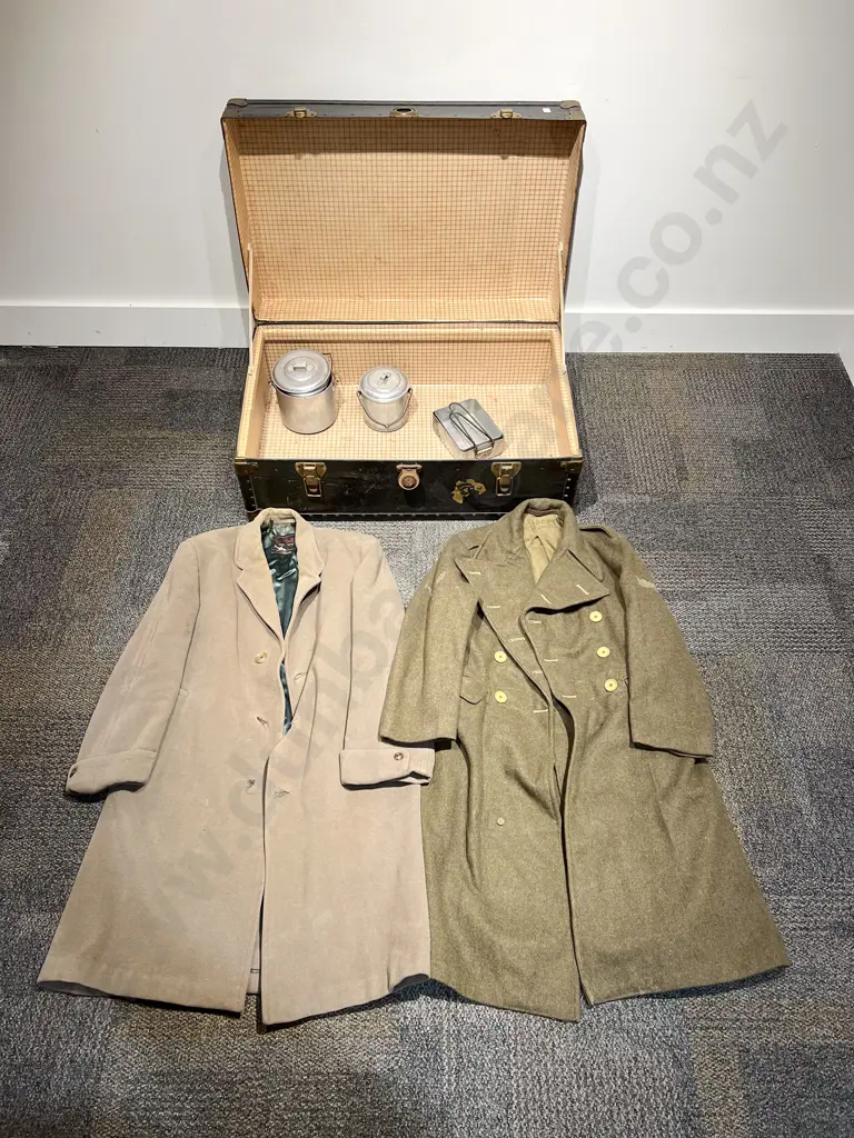 Two Military Great Coats Billies & Food Trays in Travel Trunk Image 1++