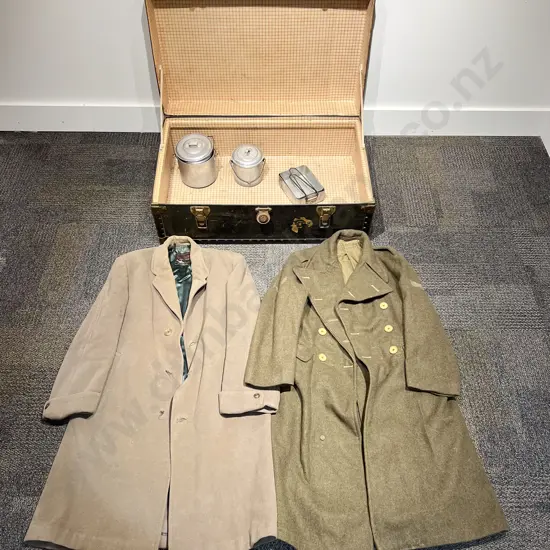 Two Military Great Coats Billies & Food Trays in Travel Trunk