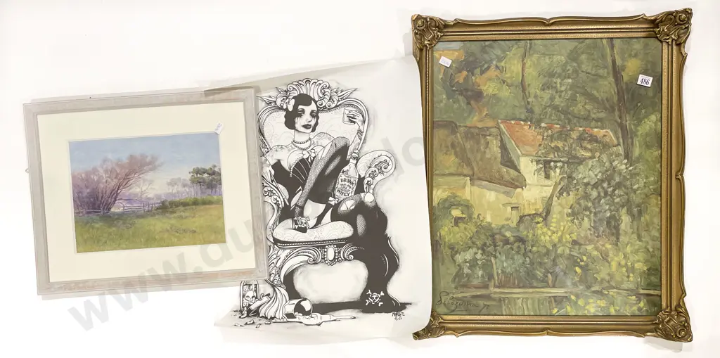 Unknown Artist Watercolour Landscape together with Cezanne Print Image 1++