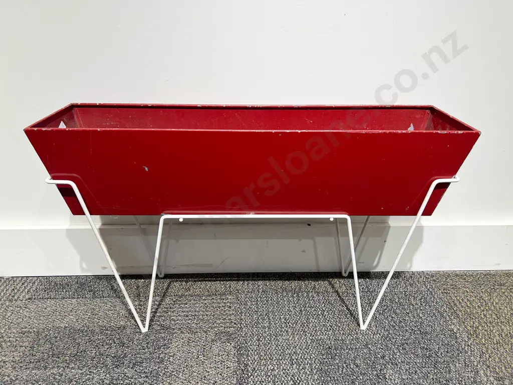 C1950's Red Metal Planter on Stand Image 1++