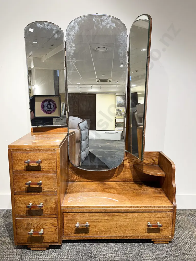 Art Deco Mid Oak Triple Mirror Dressing Table Image 1++