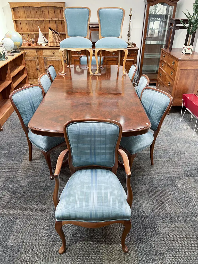 Reproduction Burr Walnut Extension Dining Table with Eight Dinning Chairs and Two others Image 1++