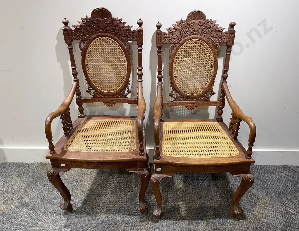Pair of Indian Teak Open Armchairs with Caned Back and Seats Image 1++