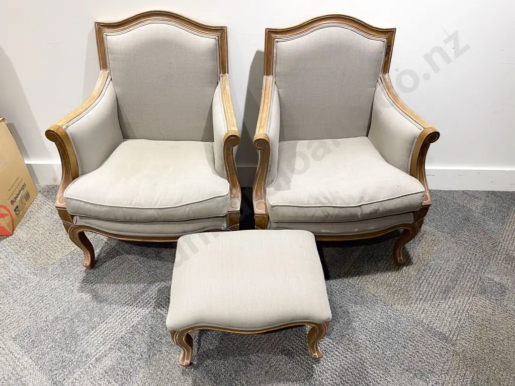 Pair of French Walnut Framed Armchairs with Matching Footstool Image 1++