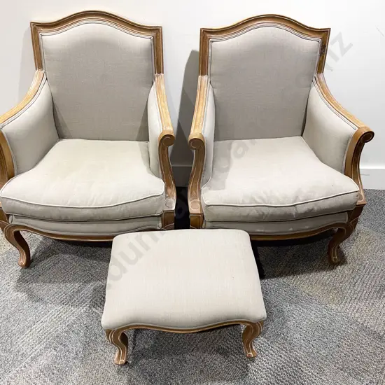 Pair of French Walnut Framed Armchairs with Matching Footstool