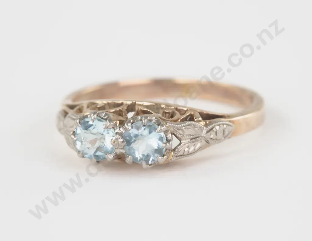 9ct Rose and White Gold Two Stone Blue Zircon Ring Image 1++