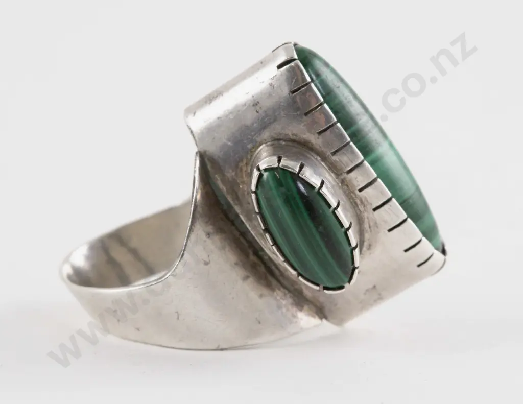 Unidentified NZ Jeweller S/S Two Stone Malachite Dress Ring Image 1++