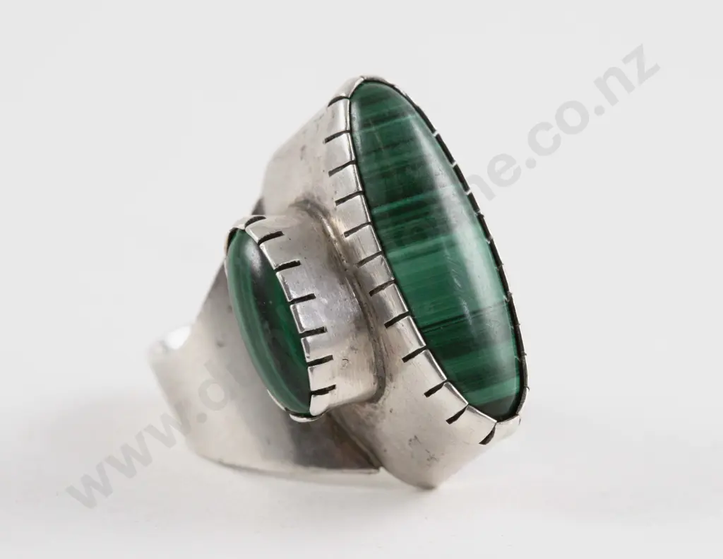 Unidentified NZ Jeweller S/S Two Stone Malachite Dress Ring Image 1++