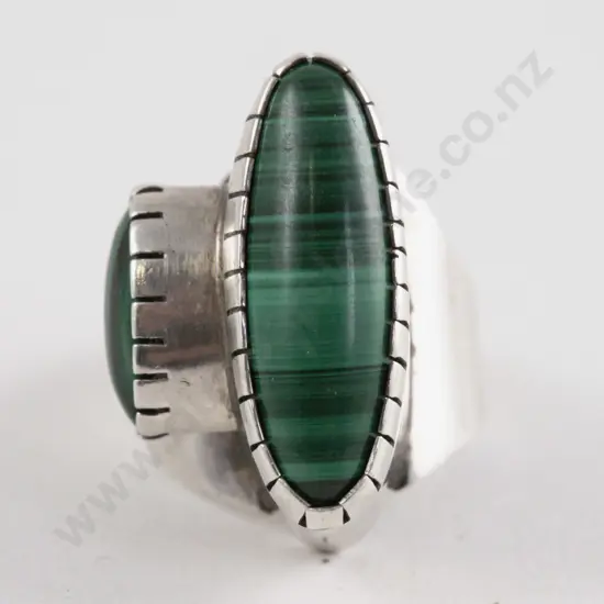 Unidentified NZ Jeweller S/S Two Stone Malachite Dress Ring