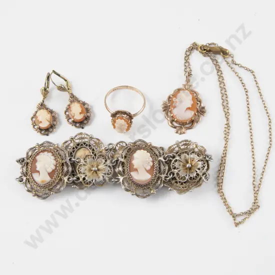 Victorian 9ct Framed Cameo Pendant Ring and Pair Earrings