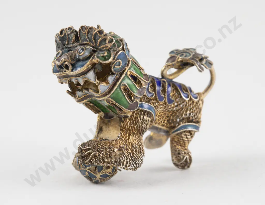Vintage Chinese Silver Filigree and Enamel Shishi Figure Image 1++
