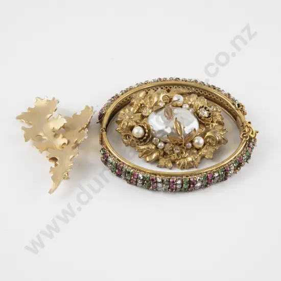 Vintage Miriam Haskell Rhinestone Hinged Snap Bangle and Brooch