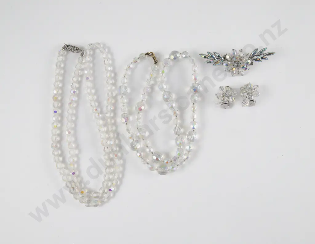 Two Crystal Bead Necklaces Brooch and Earrings Image 1++