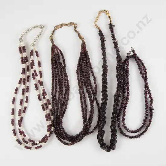 Four Various Garnet Beaded Necklaces