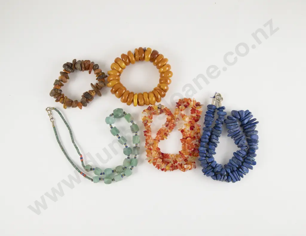 Three Various Beaded Necklaces and Two Amber Bracelets Image 1++