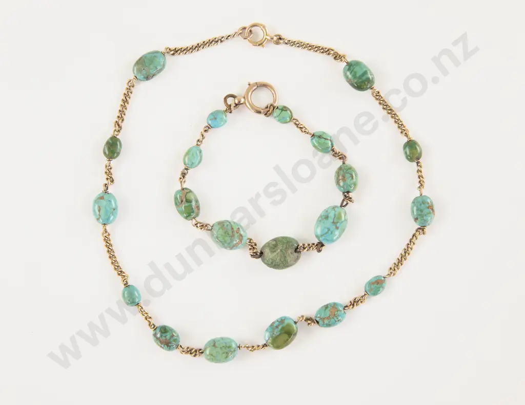 9ct Curb Link and Turquoise Beaded Necklace and Bracelet Image 1++