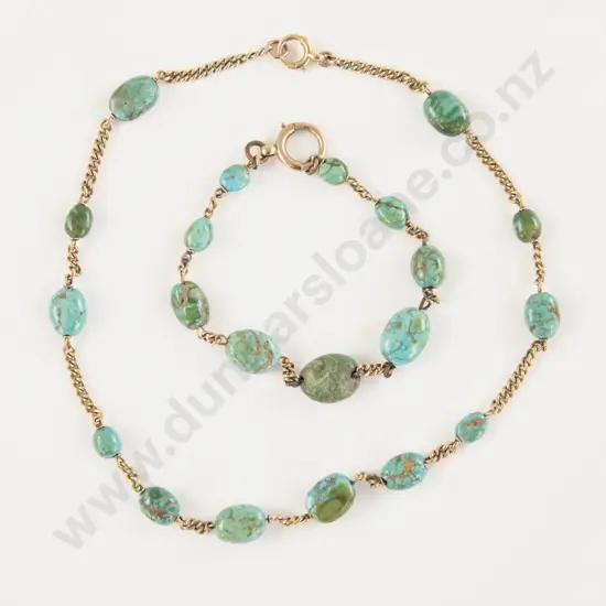 9ct Curb Link and Turquoise Beaded Necklace and Bracelet