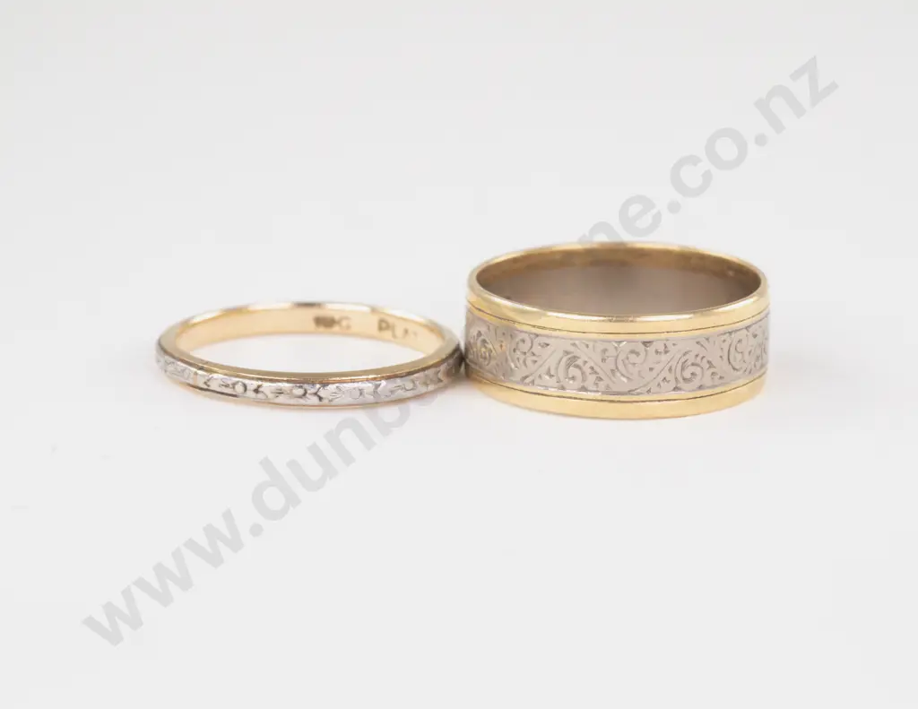 Two 18ct and Platinum Engraved Band Rings Image 1++