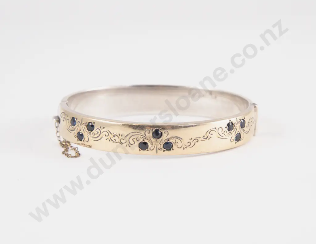 9ct on S/S Nine Stone Sapphire Hinged Snap Bangle Image 1++