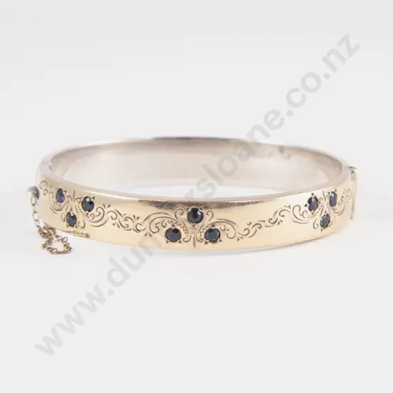 9ct on S/S Nine Stone Sapphire Hinged Snap Bangle