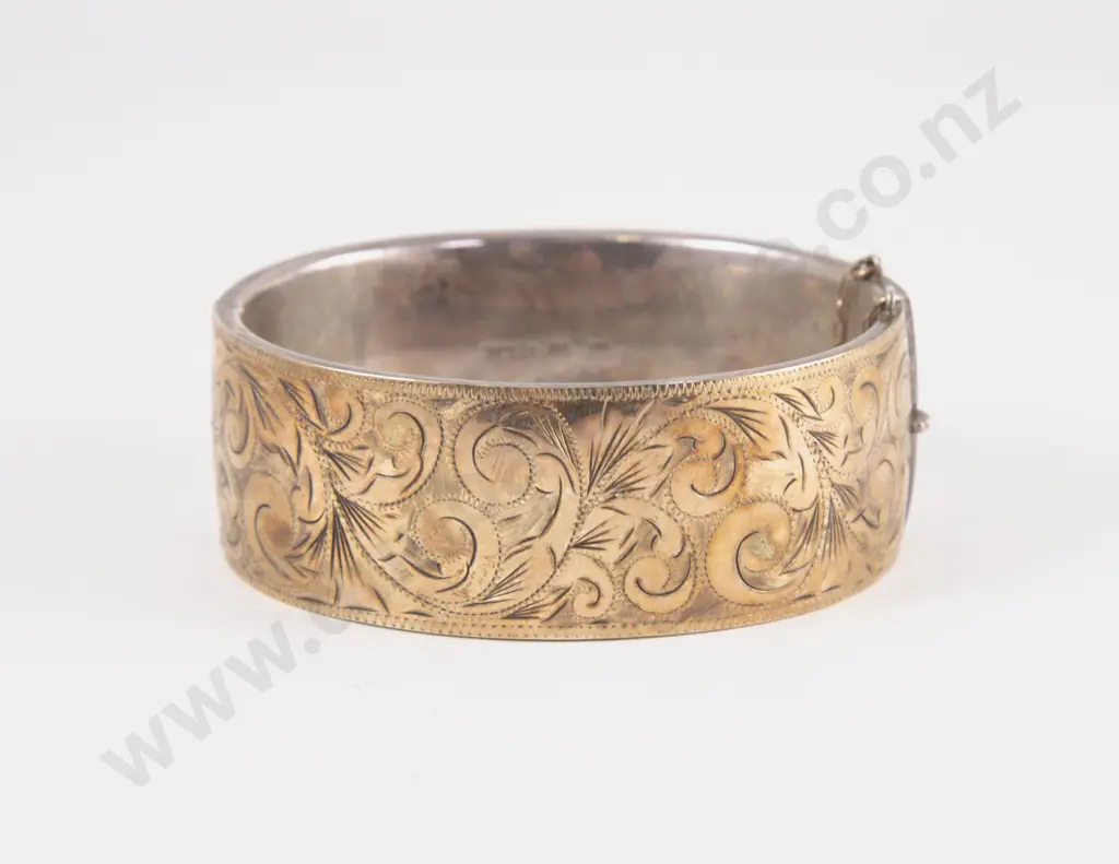 9ct on S/S Half Engraved Wide Hinged Snap Bangle Image 1++