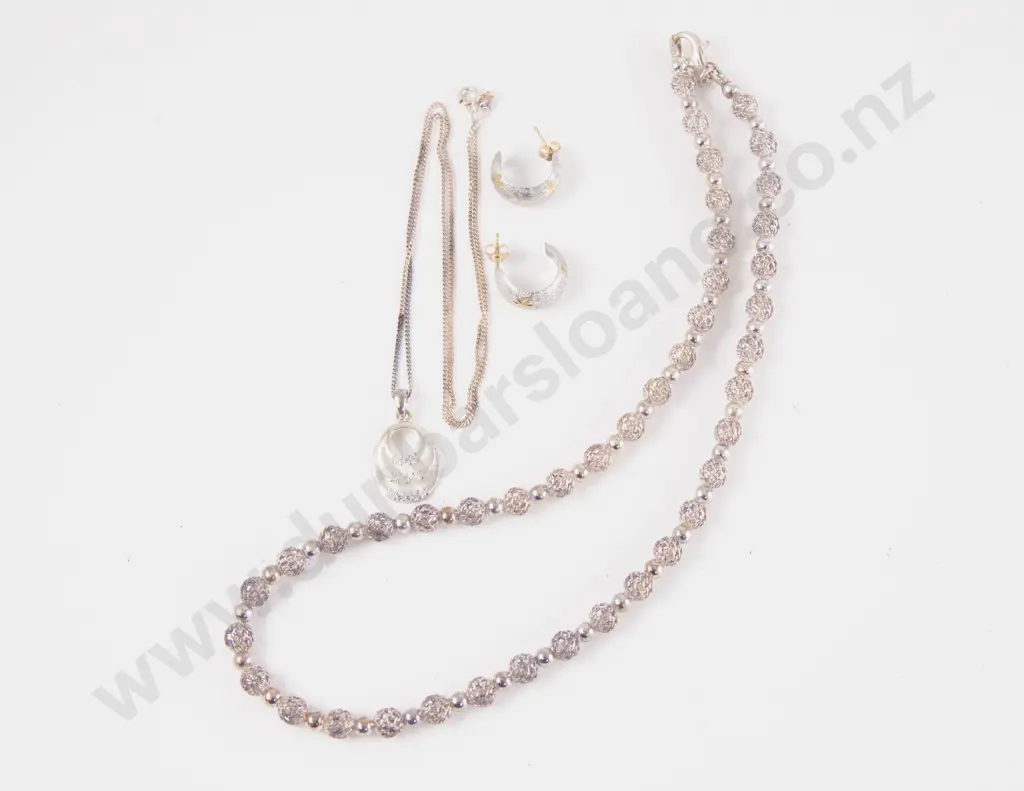 As New S/S Fancy Bead Necklace with Crystal Set Pendant and Fancy Hoop Earrings Image 1++