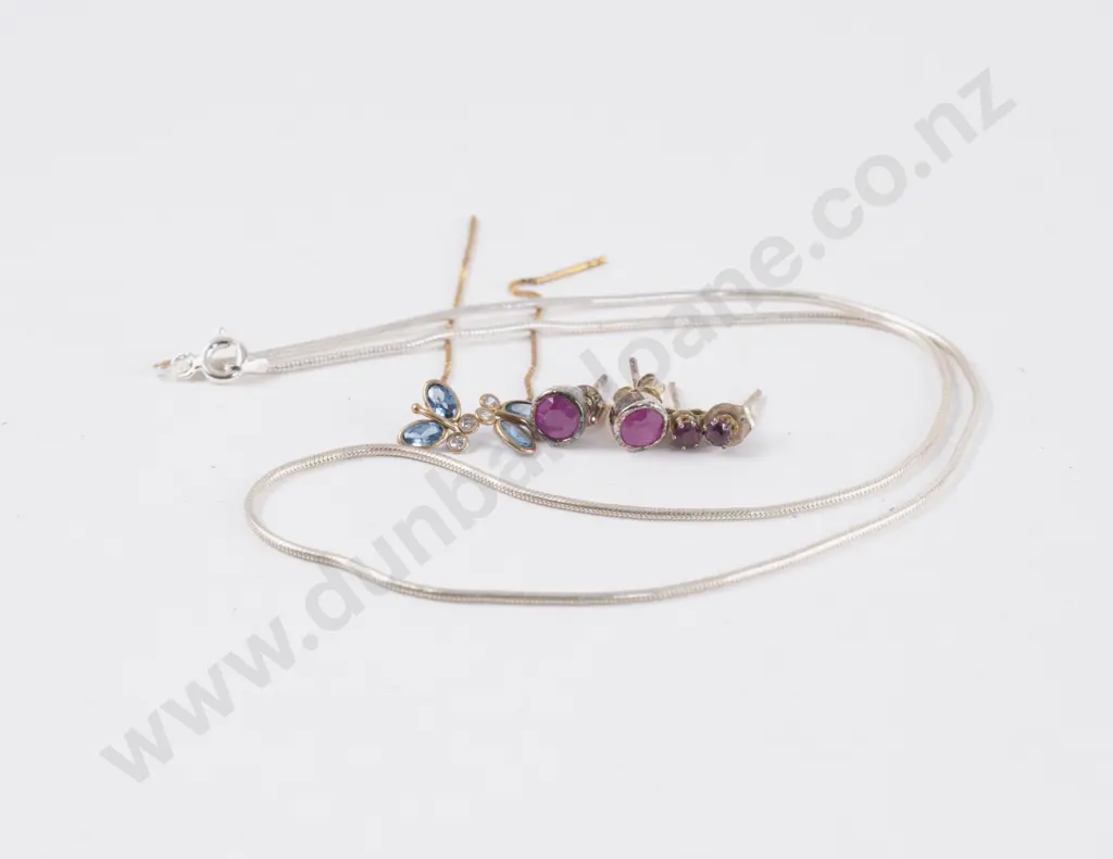 Three Pair Imitation Ruby and Crystal Earrings with S/S Neck Chain Image 1++