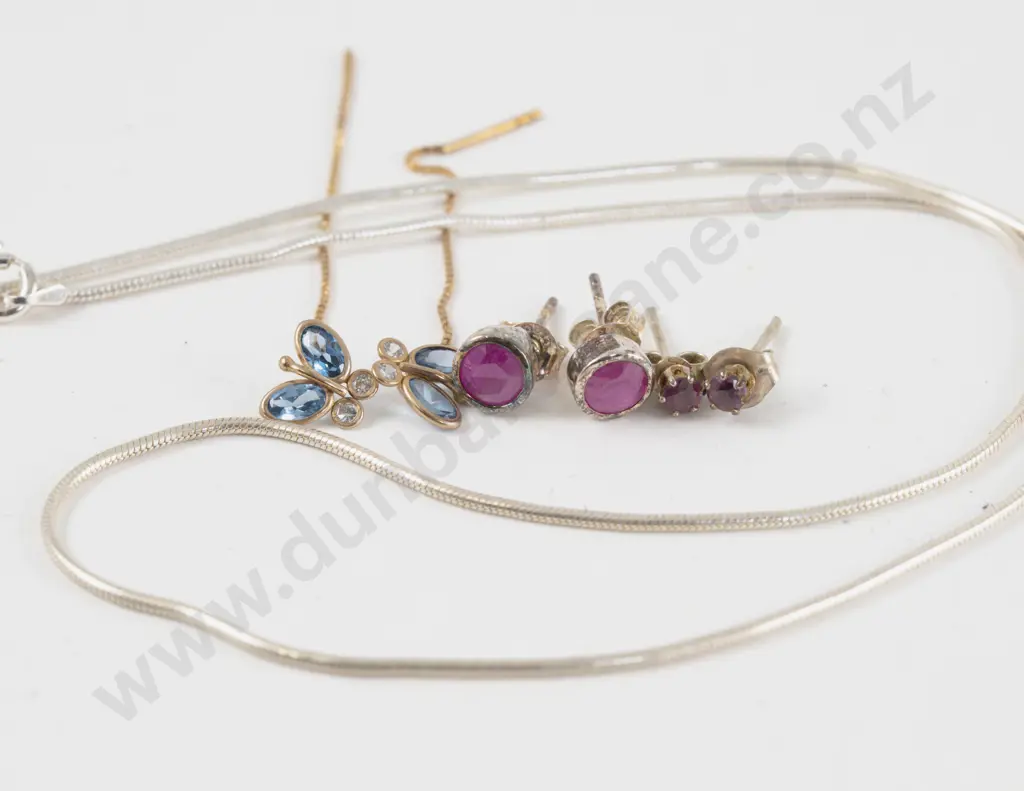Three Pair Imitation Ruby and Crystal Earrings with S/S Neck Chain Image 1++