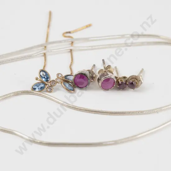 Three Pair Imitation Ruby and Crystal Earrings with S/S Neck Chain