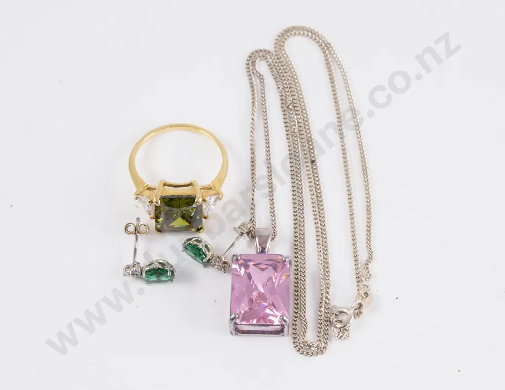 .925 Pink Crystal Pendant on Chain with Earrings and Gold Plated Fashion Ring Image 1++
