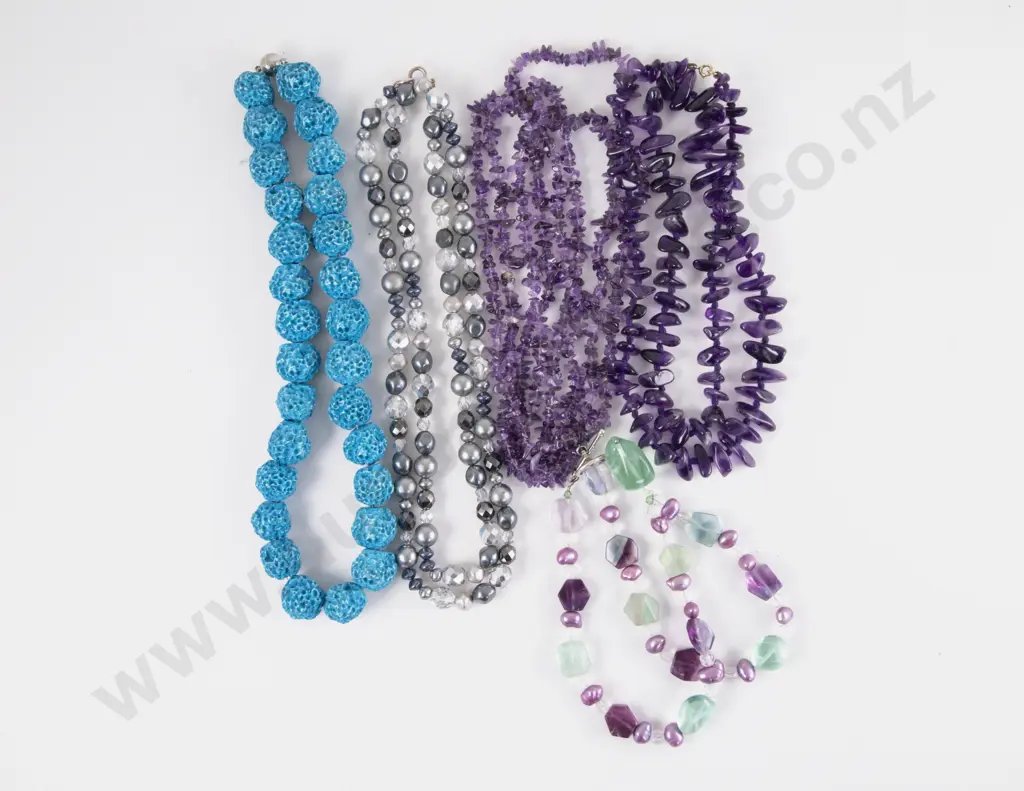 Two Amethyst beaded Necklaces with Three Others Image 1++