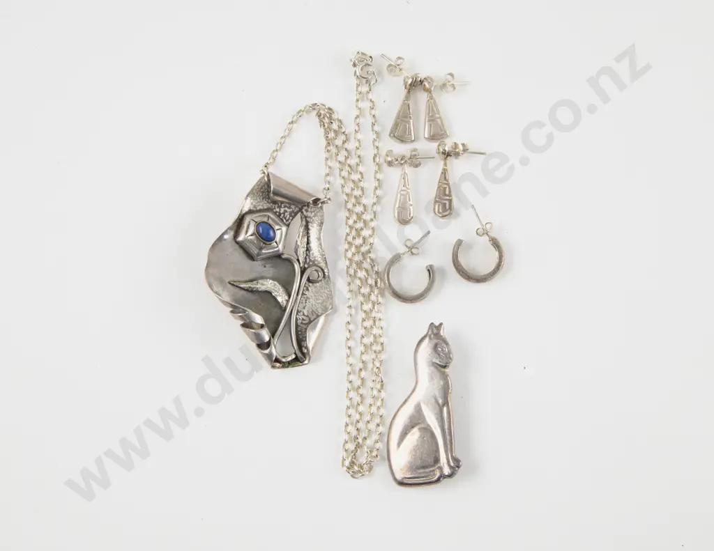.925 Silver Scene Pendant on Chain with Cat Brooch and Three Pair Earrings Image 1++