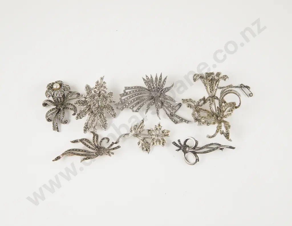 Collection of Seven S/S Marcasite Brooches Image 1++