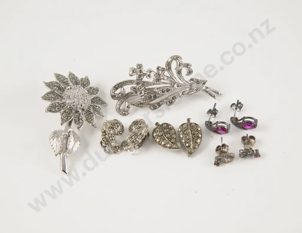 Two Marcasite and Crystal Brooches and Four Pair Earrings Image 1++
