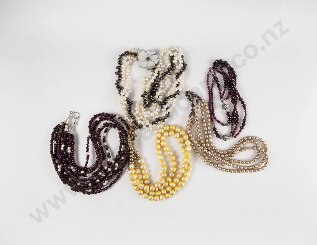 Three Freshwater Pearl Necklaces and Two Garnet Bead Necklaces Image 1++