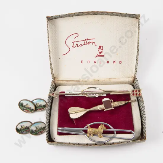 Mid C20th Pair Windsor Castle Cuff Links and Three Tie Clips