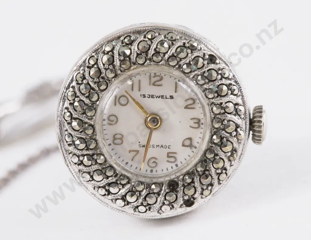 15 Jewels Vintage Silver and Marcasite Watch Brooch Image 1++
