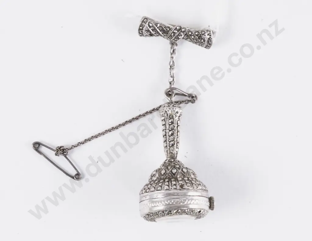 15 Jewels Vintage Silver and Marcasite Watch Brooch Image 1++