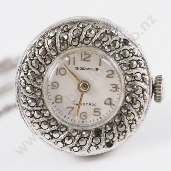 15 Jewels Vintage Silver and Marcasite Watch Brooch