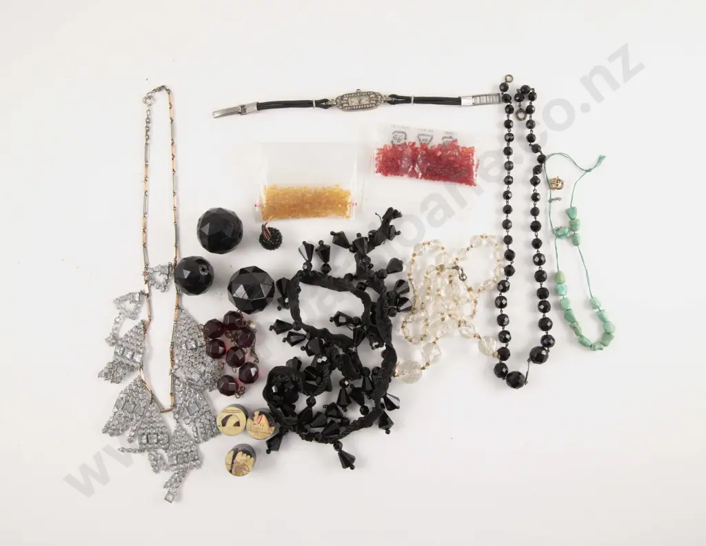 French Jet Bead Fringe Piece with Crystal Turquoise and Other Broken Necklaces Image 1++