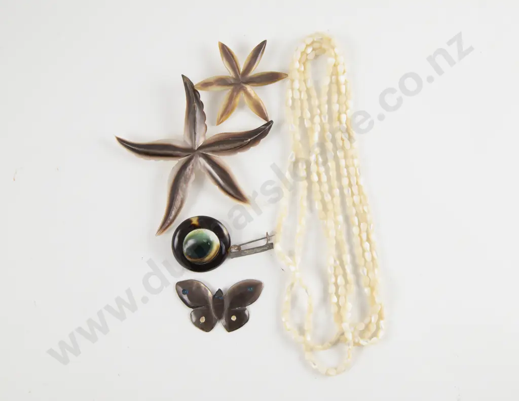 Vintage MOP Bead Necklace with Three Brooches and Cats Eye Brooch Image 1++
