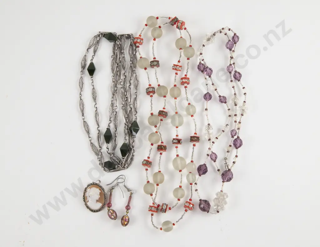 Three Various Art Deco Beaded Necklaces with Cameo S/S and Marcasite Framed Image 1++