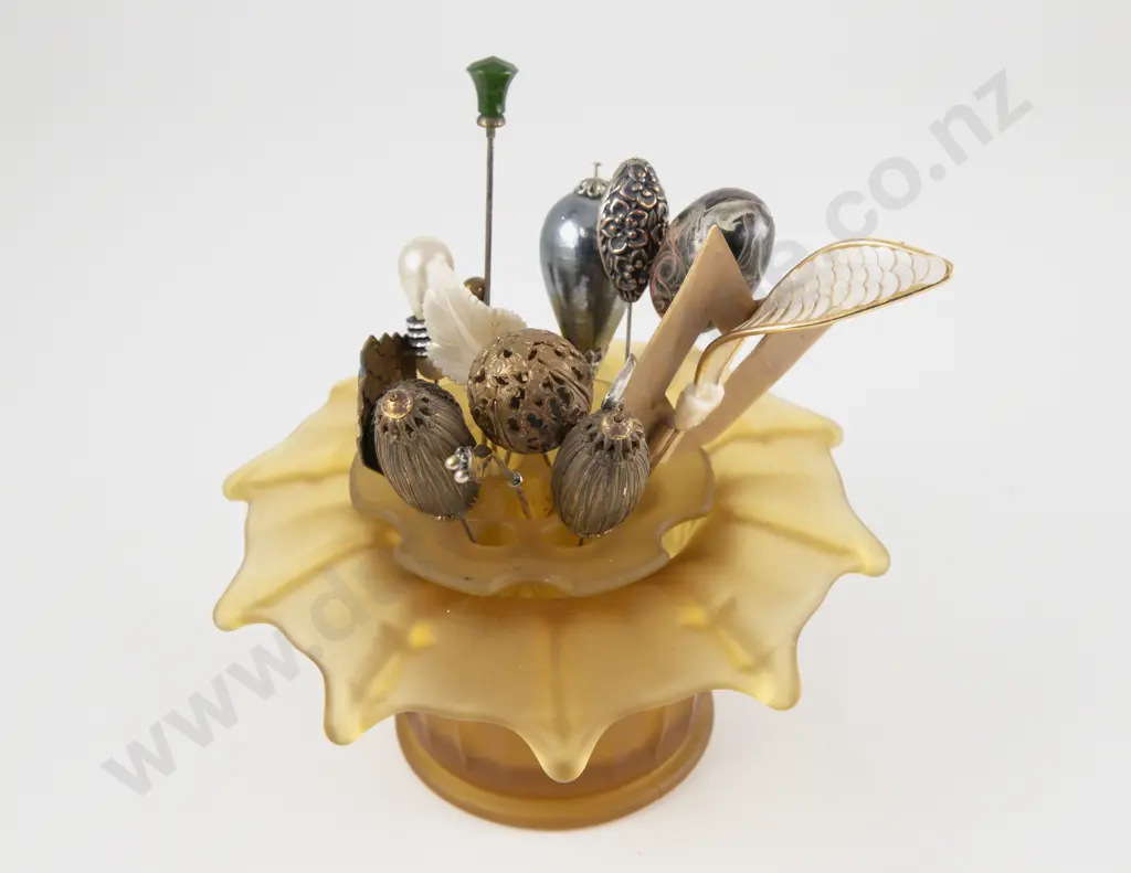 Collection of 1920's Hat Pins in Glass Vase Image 1++