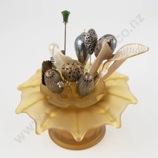 Collection of 1920's Hat Pins in Glass Vase